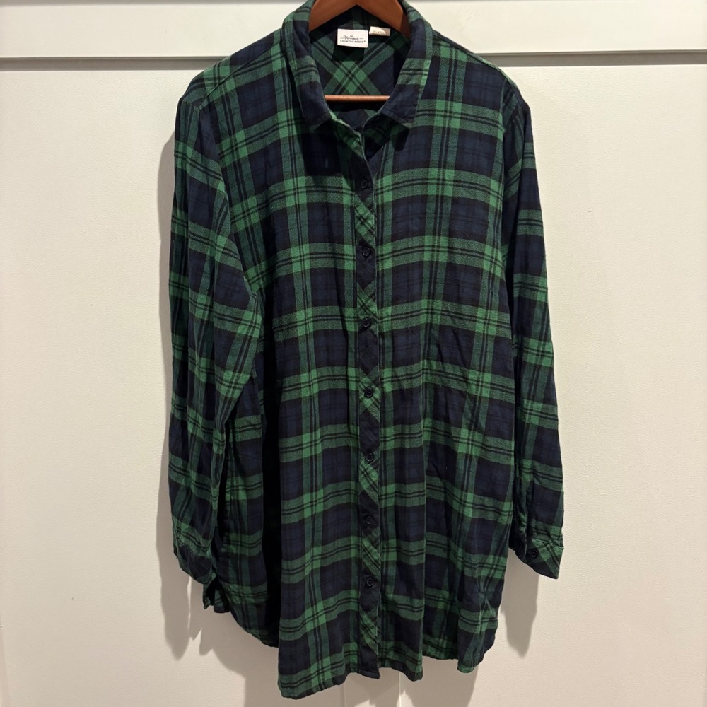 The Vermont Country Store Flannel Tunic Plaid Shirt XL Green Navy Oversized Cozy